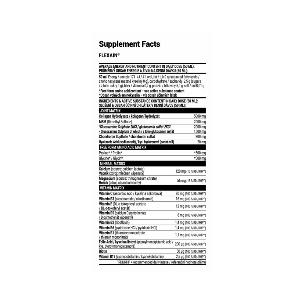 Tableau Supplement Facts Flexain Extrifit indiquant par 50ml 5000mg de collagène hydrolysé, 2000mg de MSM, 2000mg de glucosamine, 1000mg de chondroïtine, 20mg d’acide hyaluronique plus calcium, magnésium et 10 vitamines pour les articulations