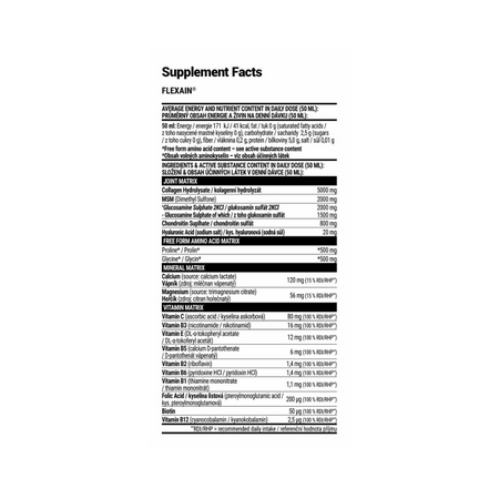 Tableau Supplement Facts Flexain Extrifit indiquant par 50ml 5000mg de collagène hydrolysé, 2000mg de MSM, 2000mg de glucosamine, 1000mg de chondroïtine, 20mg d’acide hyaluronique plus calcium, magnésium et 10 vitamines pour les articulations