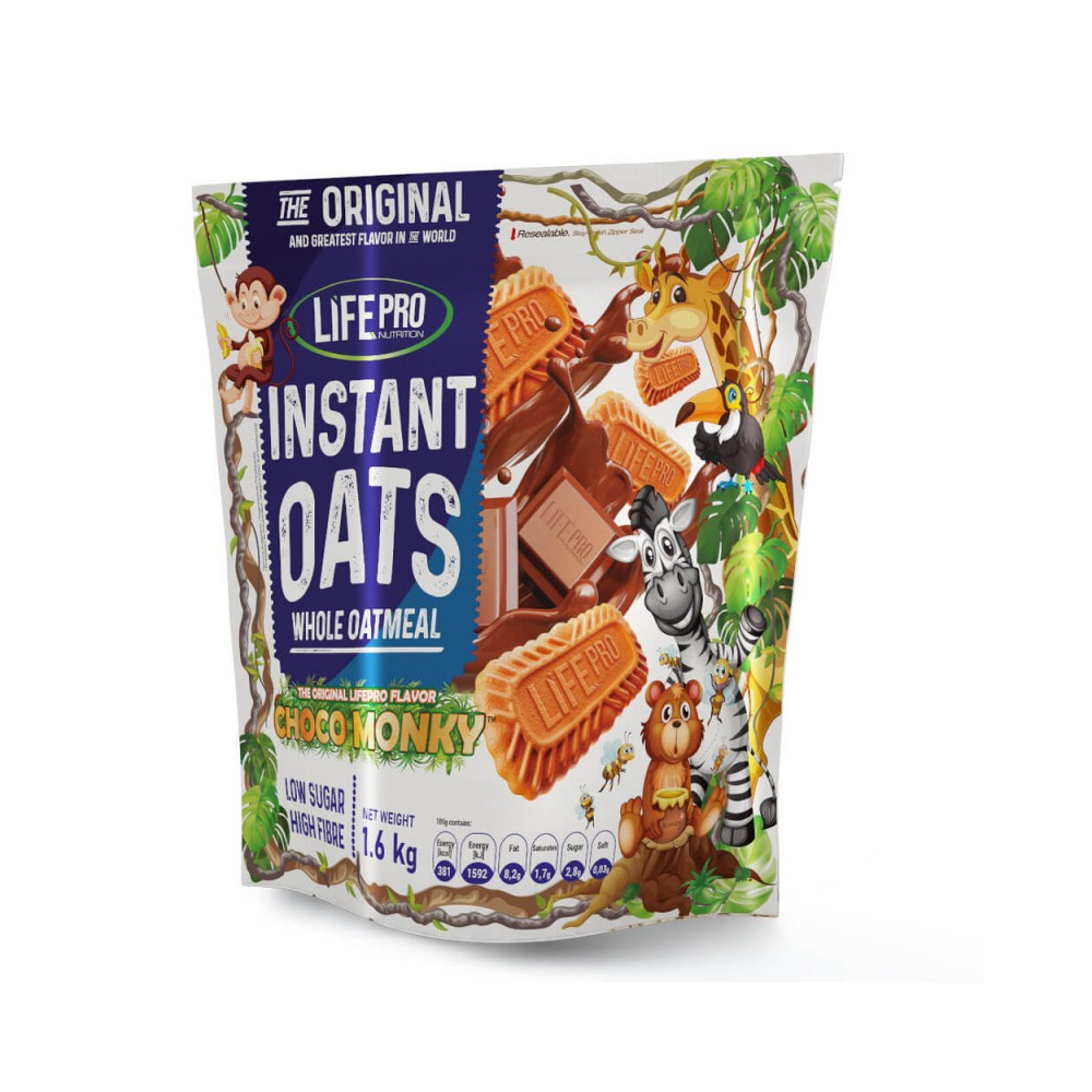 Sachet de flocons d’avoine instantanés LifePro Instant Oats saveur Choco Monky, décoré de biscuits fourrés au chocolat et d’animaux de jungle sur fond blanc