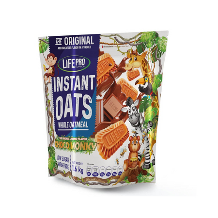 Sachet de flocons d’avoine instantanés LifePro Instant Oats saveur Choco Monky, décoré de biscuits fourrés au chocolat et d’animaux de jungle sur fond blanc