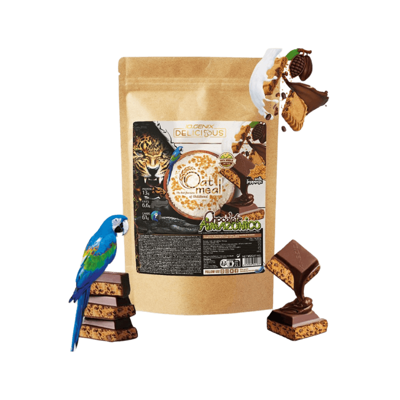 Sachet de farine d’avoine Iogenix Arabica Amazonico avec illustrations de jaguar, perroquet et carrés de chocolat café, évoquant une ambiance exotique sur fond blanc