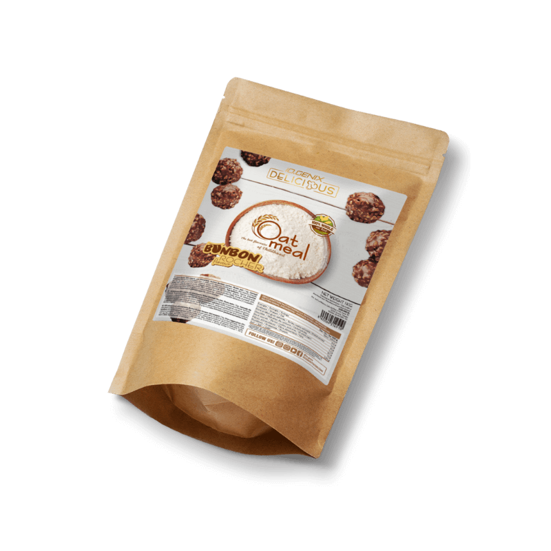 Sachet de farine d’avoine Iogenix saveur bonbon rocher, présenté légèrement incliné avec des bonbons chocolat-noisettes en arrière-plan sur fond blanc