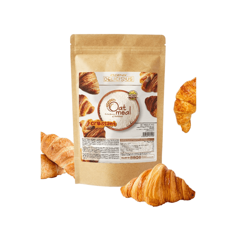 Sachet de farine d’avoine Iogenix saveur croissant entouré de croissants dorés croustillants sur fond blanc