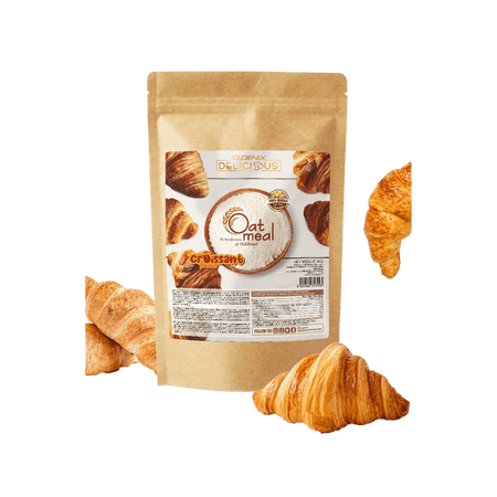 Sachet de farine d’avoine Iogenix saveur croissant entouré de croissants dorés croustillants sur fond blanc
