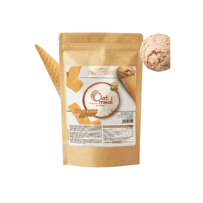 Sachet de farine d’avoine Iogenix saveur glace nougat accompagné d’un cornet de glace et de morceaux de nougat sur fond blanc