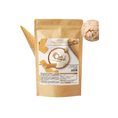 Sachet de farine d’avoine Iogenix saveur glace nougat accompagné d’un cornet de glace et de morceaux de nougat sur fond blanc
