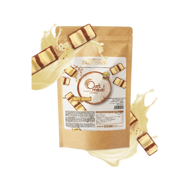 Sachet de farine d’avoine Iogenix U’Praline entouré de carrés chocolatés fourrés praliné et d’éclaboussures de lait sur fond blanc