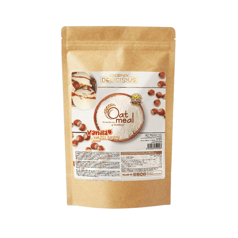 Sachet de farine d’avoine Iogenix saveur vanille noisettes décoré de boules de glace vanille et de noisettes entières sur fond blanc