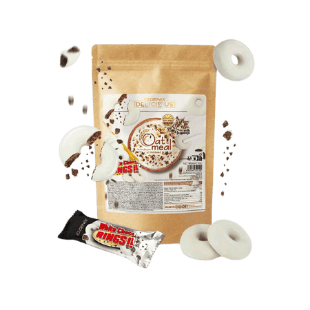 Sachet de farine d’avoine Iogenix White Choc Rings entouré d’anneaux chocolat blanc croquants et d’un mini sachet White Choc Rings sur fond blanc