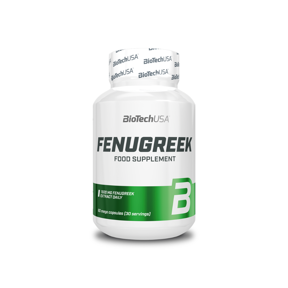Flacon BioTechUSA Fenugreek contenant 80 méga gélules fournissant 1500 mg d’extrait de fenugrec par jour, complément alimentaire pour hommes et femmes