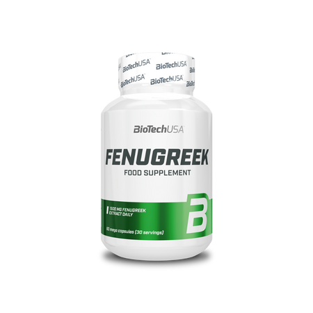 Flacon BioTechUSA Fenugreek contenant 80 méga gélules fournissant 1500 mg d’extrait de fenugrec par jour, complément alimentaire pour hommes et femmes