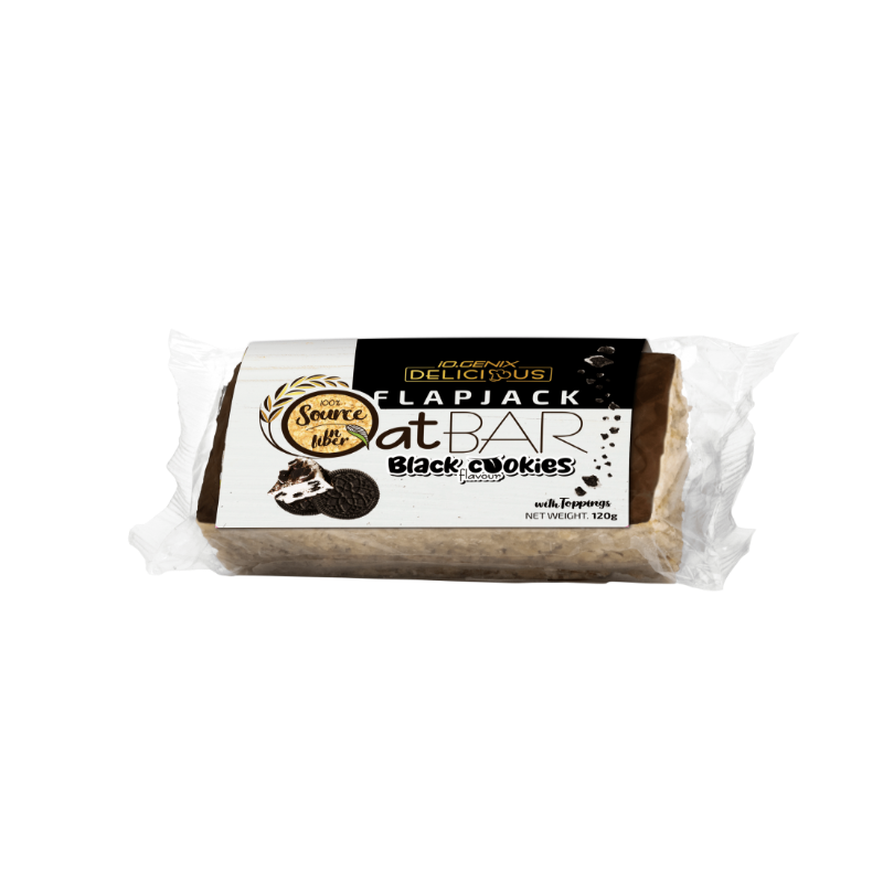 Barre flapjack IO Genix Oat Bar goût Black Cookies 120 g, collation d’avoine avec toppings croquants