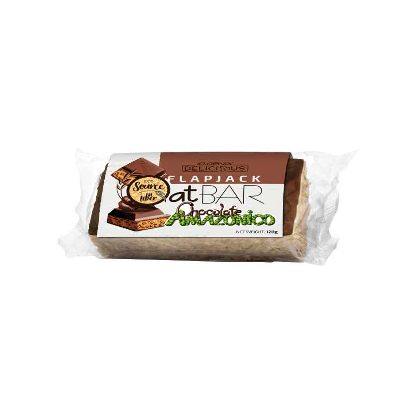 Barre flapjack IO Genix Oat Bar goût chocolat Amazonico 120 g, barre d’avoine énergétique.