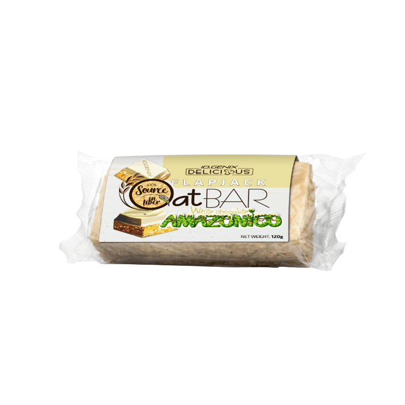 Barre flapjack IO Genix Oat Bar goût chocolat blanc Amazonico 120 g, riche en fibres.