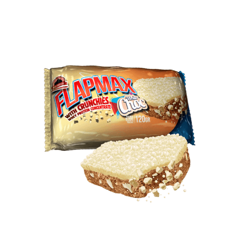 Barre Flapmax White Choc 120 g avec couche de chocolat blanc et billes croustillantes, présentée devant l’emballage doré et bleu sur fond blanc