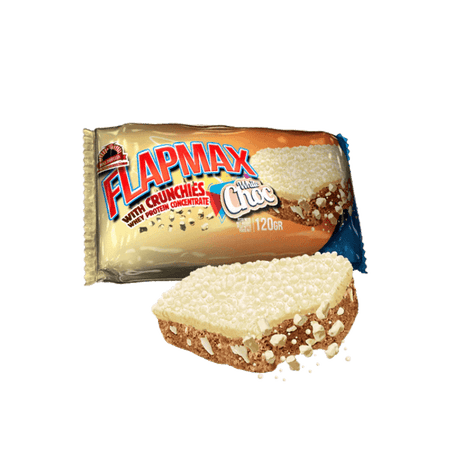 Barre Flapmax White Choc 120 g avec couche de chocolat blanc et billes croustillantes, présentée devant l’emballage doré et bleu sur fond blanc