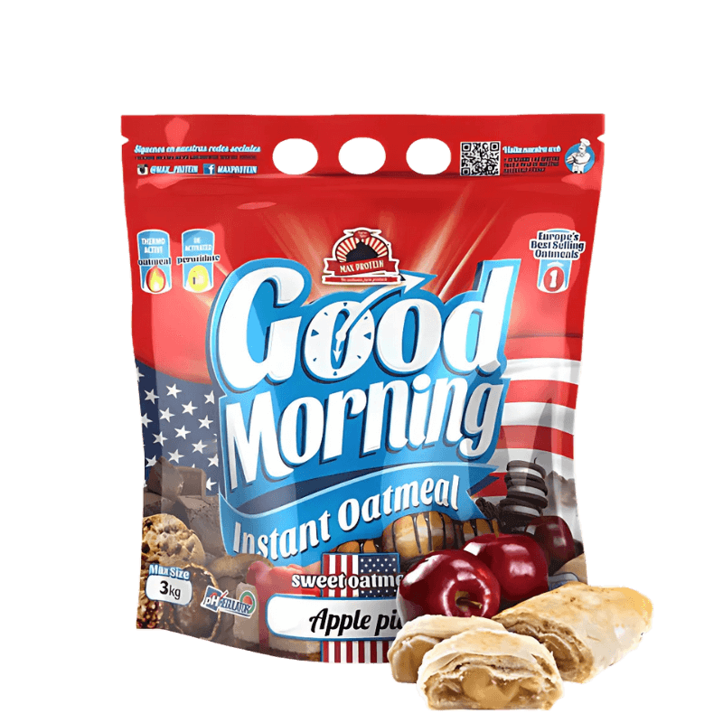 Sachet de flocons d’avoine instantanés Good Morning saveur apple pie avec chaussons aux pommes dorés et pommes rouges entières au premier plan sur fond blanc