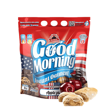 Sachet de flocons d’avoine instantanés Good Morning saveur apple pie avec chaussons aux pommes dorés et pommes rouges entières au premier plan sur fond blanc