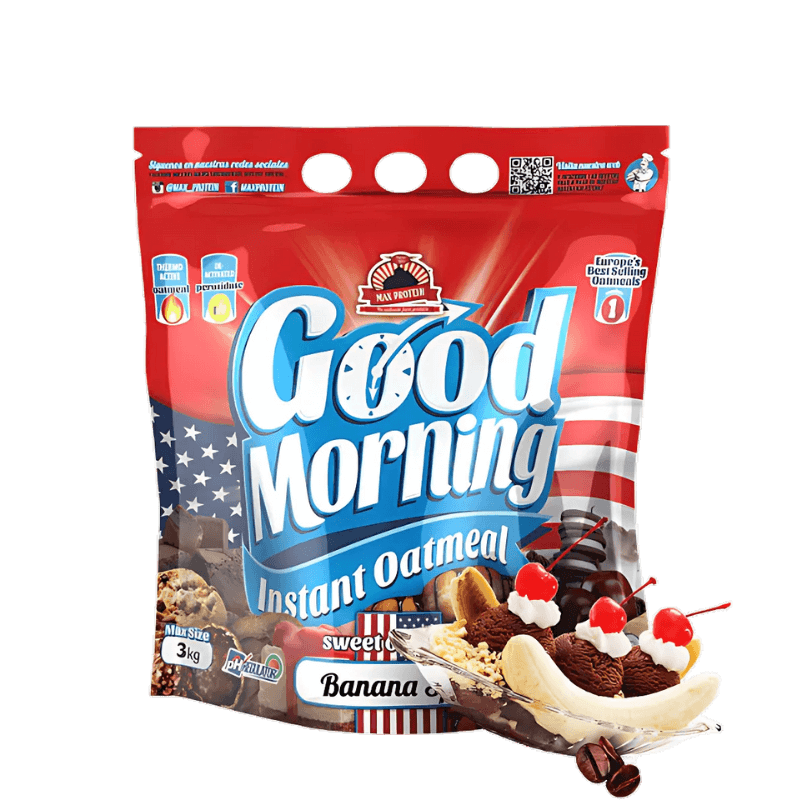 Sachet de flocons d’avoine instantanés Good Morning saveur banana split illustré avec une banane, des boules de glace chocolat et chantilly sur fond blanc