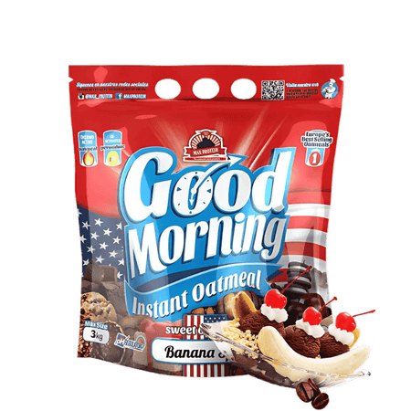 Sachet de flocons d’avoine instantanés Good Morning saveur banana split illustré avec une banane, des boules de glace chocolat et chantilly sur fond blanc