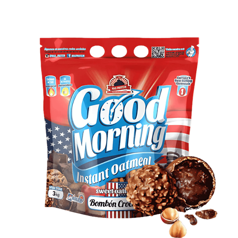 Sachet de flocons d’avoine instantanés Good Morning saveur Bombón Crocanti entouré de rochers chocolat-noisette croquants ouverts sur fond blanc