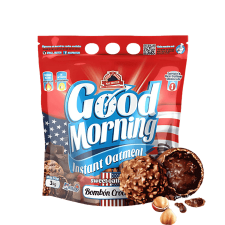 Sachet de flocons d’avoine instantanés Good Morning saveur Bombón Crocanti entouré de rochers chocolat-noisette croquants ouverts sur fond blanc