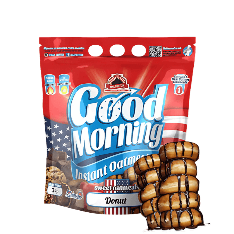 Grand sachet de flocons d’avoine instantanés Good Morning saveur donut avec donuts nappés de caramel et chocolat au premier plan sur fond blanc