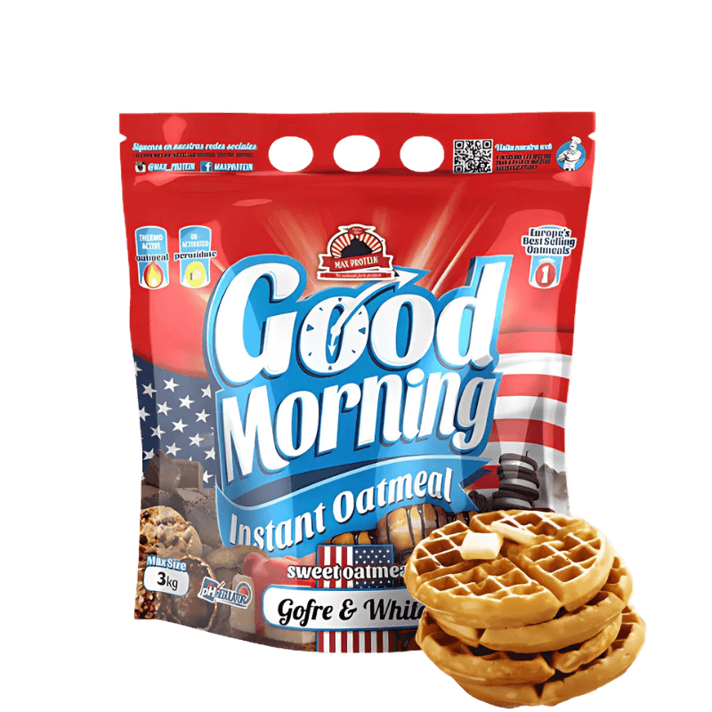 Sachet de flocons d’avoine instantanés Good Morning saveur gaufre & white avec une pile de gaufres beurrées au premier plan sur fond blanc