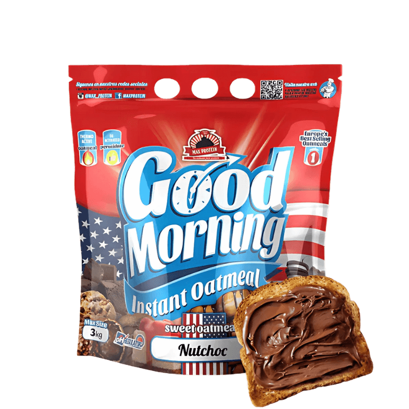 Sachet de flocons d’avoine instantanés Good Morning saveur nutchoc accompagné d’une tranche de pain tartinée de pâte à tartiner chocolat-noisette sur fond blanc