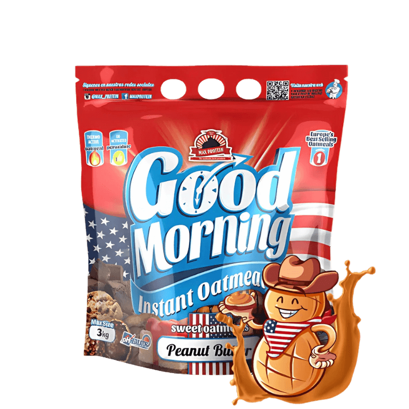 Sachet de flocons d’avoine instantanés Good Morning saveur beurre de cacahuète accompagné d’une mascotte cacahuète cow-boy dans une éclaboussure de beurre de cacahuète sur fond blanc