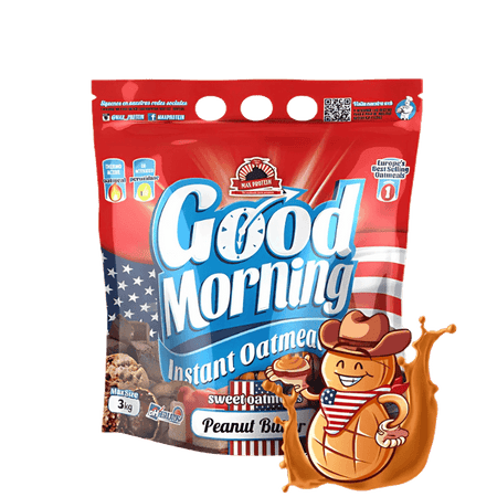 Sachet de flocons d’avoine instantanés Good Morning saveur beurre de cacahuète accompagné d’une mascotte cacahuète cow-boy dans une éclaboussure de beurre de cacahuète sur fond blanc