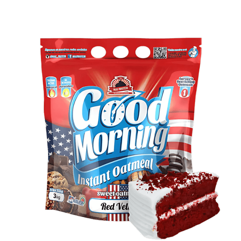 Sachet de flocons d’avoine instantanés Good Morning saveur red velvet accompagné d’une part de gâteau rouge et blanc au glaçage épais sur fond blanc