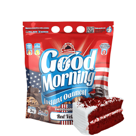 Sachet de flocons d’avoine instantanés Good Morning saveur red velvet accompagné d’une part de gâteau rouge et blanc au glaçage épais sur fond blanc