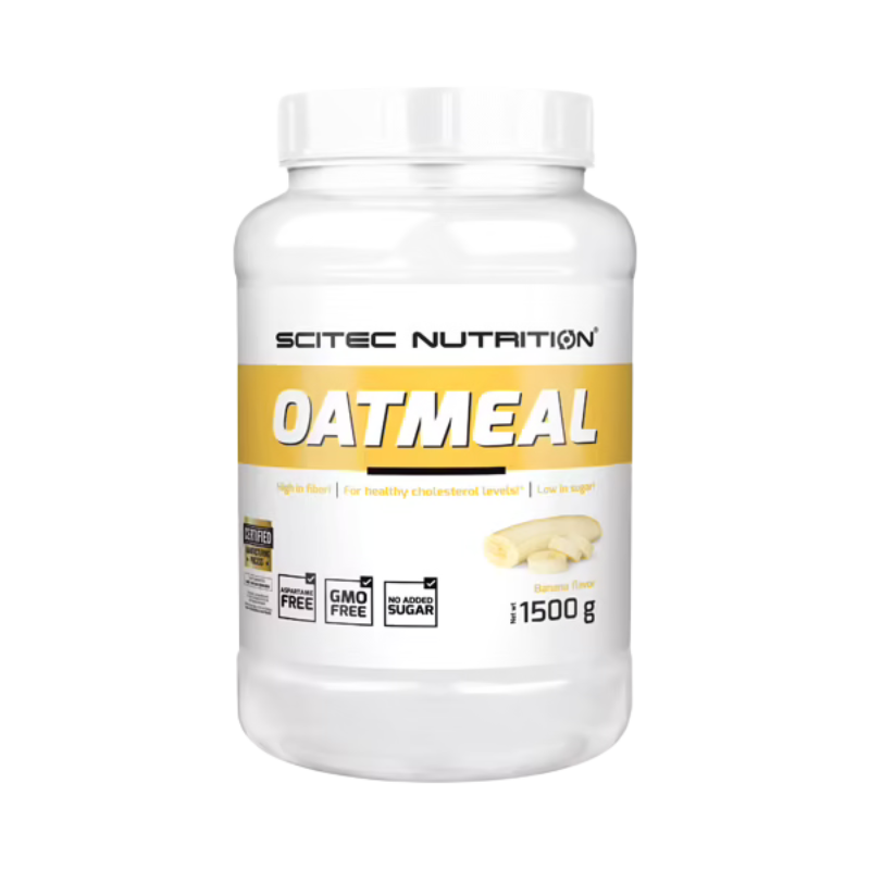 Pot blanc de flocons d’avoine aromatisés Scitec Nutrition Oatmeal saveur banane de 1,5 kg, avec bande jaune et rondelles de banane illustrées sur l’étiquette