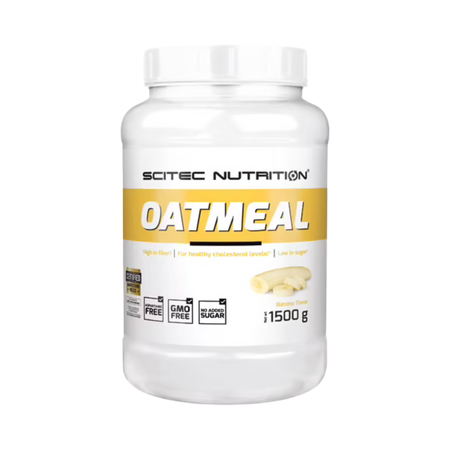 Pot blanc de flocons d’avoine aromatisés Scitec Nutrition Oatmeal saveur banane de 1,5 kg, avec bande jaune et rondelles de banane illustrées sur l’étiquette