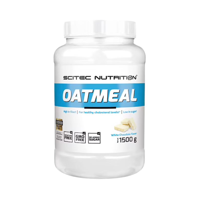 Pot blanc de flocons d’avoine aromatisés Scitec Nutrition Oatmeal saveur chocolat blanc de 1,5 kg, avec large bande bleue et carrés de chocolat blanc sur l’étiquette
