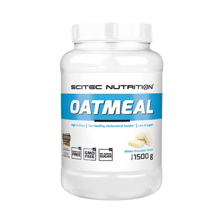 Pot blanc de flocons d’avoine aromatisés Scitec Nutrition Oatmeal saveur chocolat blanc de 1,5 kg, avec large bande bleue et carrés de chocolat blanc sur l’étiquette