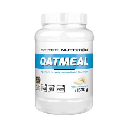 Pot blanc de flocons d’avoine aromatisés Scitec Nutrition Oatmeal saveur chocolat blanc de 1,5 kg, orné d’une bande bleue et de carrés de chocolat blanc sur l’étiquette