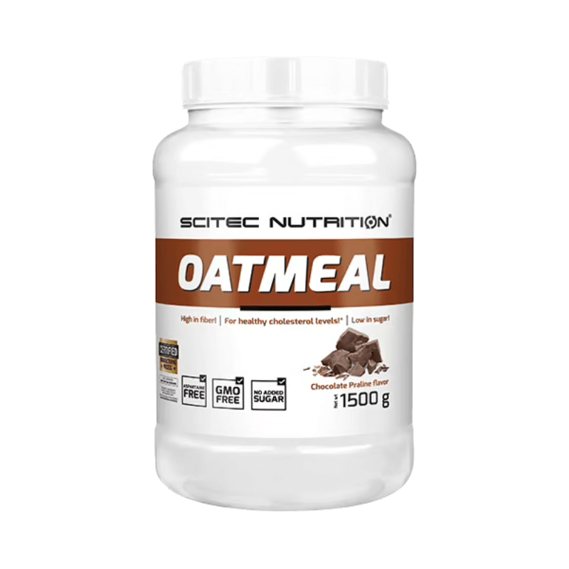 Pot blanc de flocons d’avoine aromatisés Scitec Nutrition Oatmeal saveur chocolate praline de 1,5 kg, avec bande marron et morceaux de chocolat sur l’étiquette