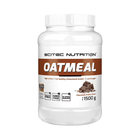 Pot blanc de flocons d’avoine aromatisés Scitec Nutrition Oatmeal saveur chocolate praline de 1,5 kg, avec bande marron et morceaux de chocolat sur l’étiquette