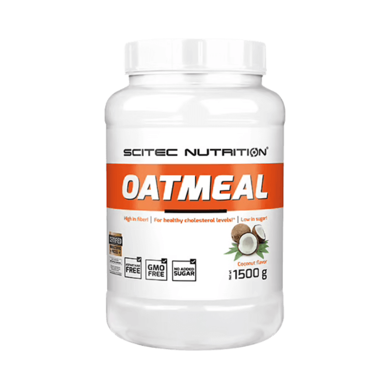 Pot blanc de flocons d’avoine aromatisés Scitec Nutrition Oatmeal saveur noix de coco de 1,5 kg, avec illustration de noix de coco sur l’étiquette blanche et orange