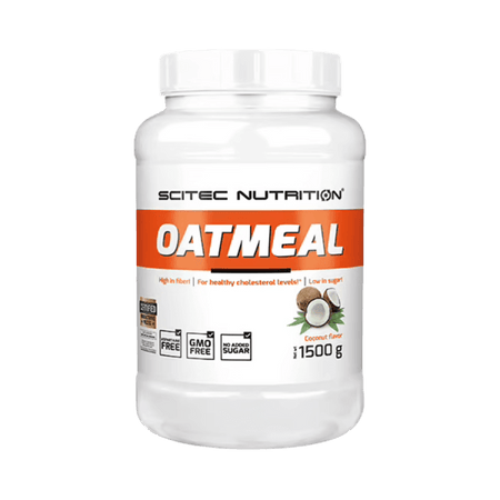 Pot blanc de flocons d’avoine aromatisés Scitec Nutrition Oatmeal saveur noix de coco de 1,5 kg, avec illustration de noix de coco sur l’étiquette blanche et orange