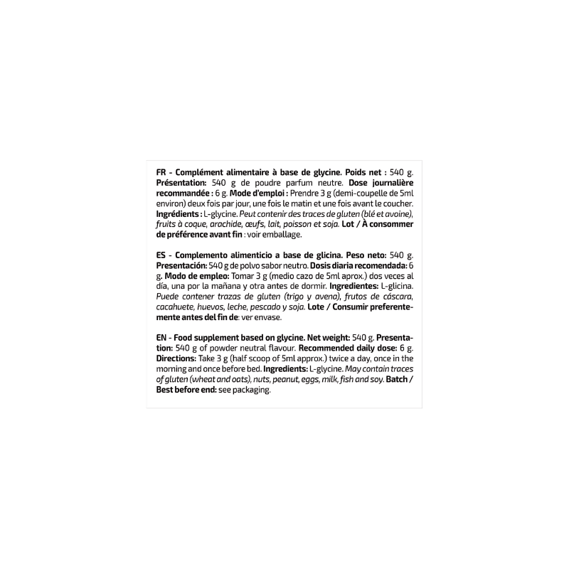 Étiquette Glycine IO Genix 540g décrivant le complément alimentaire à base de L-glycine pure, la dose recommandée de 6g par jour en deux prises de 3g et les possibles traces d’allergènes