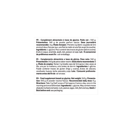 Étiquette Glycine IO Genix 540g décrivant le complément alimentaire à base de L-glycine pure, la dose recommandée de 6g par jour en deux prises de 3g et les possibles traces d’allergènes