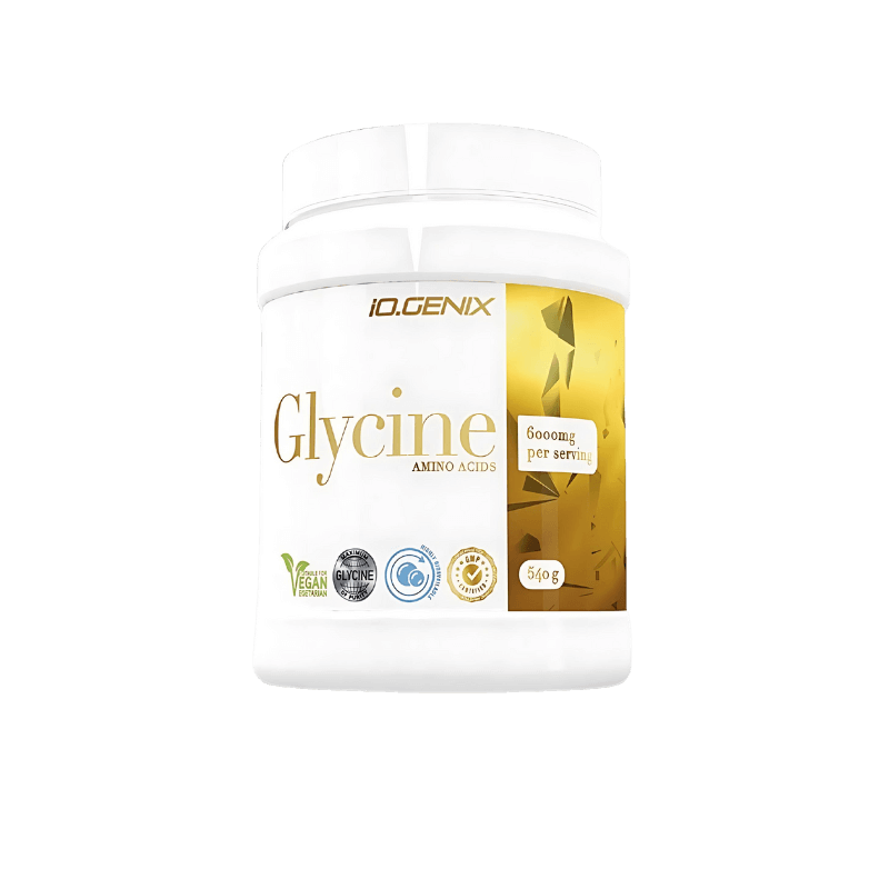 Pot blanc et or Glycine Amino Acids IO Genix 540g, mentionnant 6000mg de glycine par portion, poudre neutre 100 % vegan pour récupération musculaire et santé articulaire