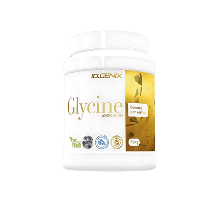 Pot blanc et or Glycine Amino Acids IO Genix 540g, mentionnant 6000mg de glycine par portion, poudre neutre 100 % vegan pour récupération musculaire et santé articulaire