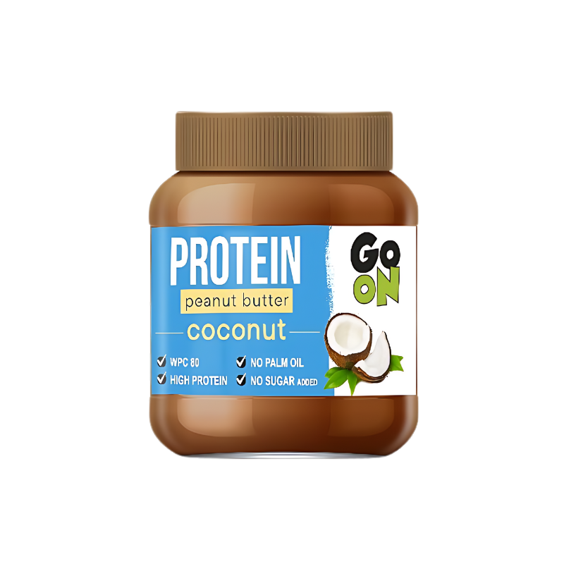 Pot de beurre de cacahuète protéiné Go On goût noix de coco avec étiquette bleue indiquant forte teneur en protéines et sans huile de palme