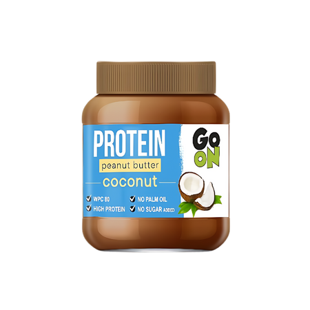 Pot de beurre de cacahuète protéiné Go On goût noix de coco avec étiquette bleue indiquant forte teneur en protéines et sans huile de palme