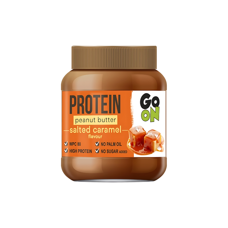 Pot de beurre de cacahuète protéiné Go On saveur caramel salé avec étiquette orange mettant en avant teneur élevée en protéines et absence d’huile de palme