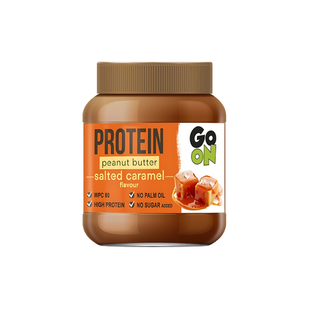 Pot de beurre de cacahuète protéiné Go On saveur caramel salé avec étiquette orange mettant en avant teneur élevée en protéines et absence d’huile de palme